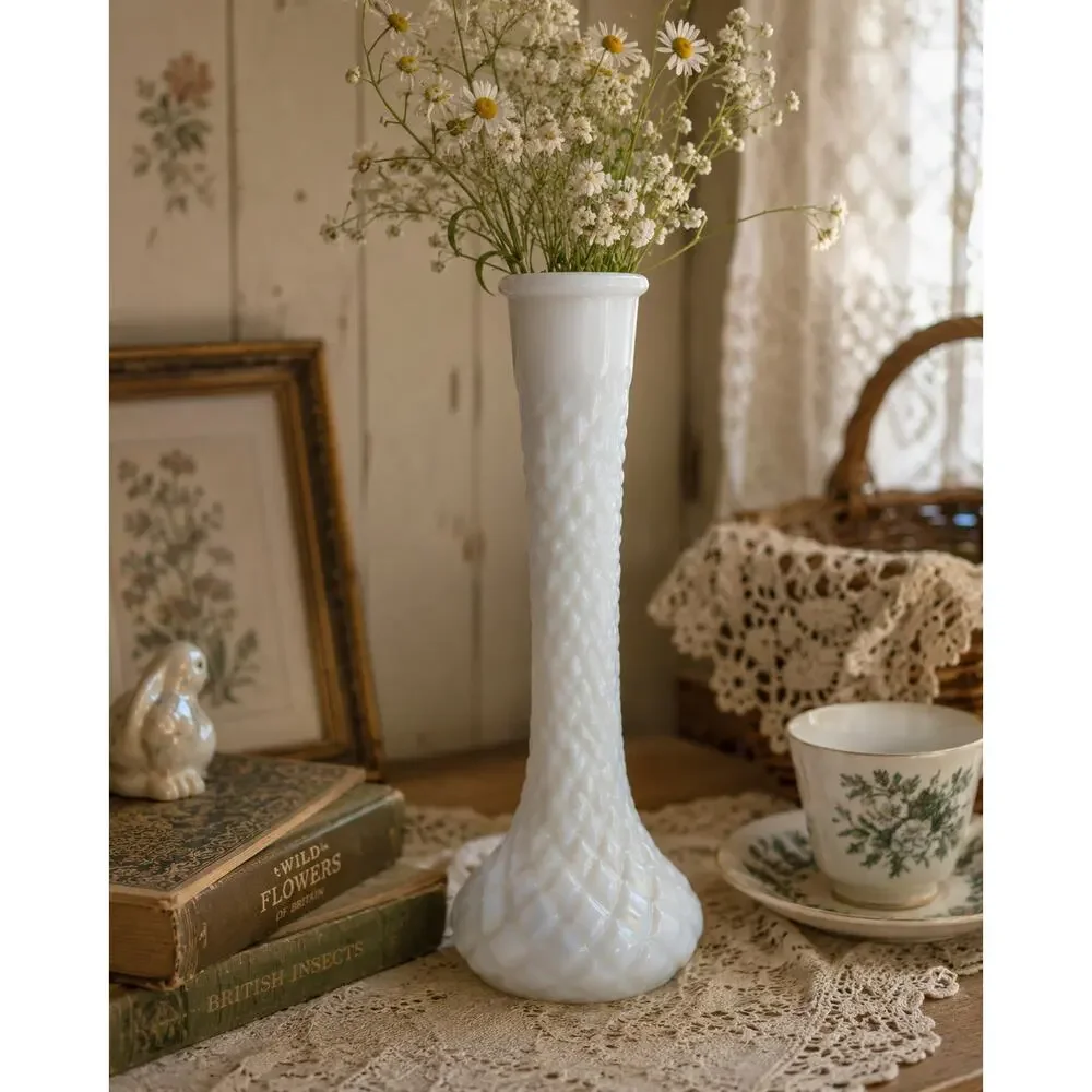 Vintage Hoosier Milk Glass Vase White Hobnail Bud Vase 8” Cottagecore Farmhouse